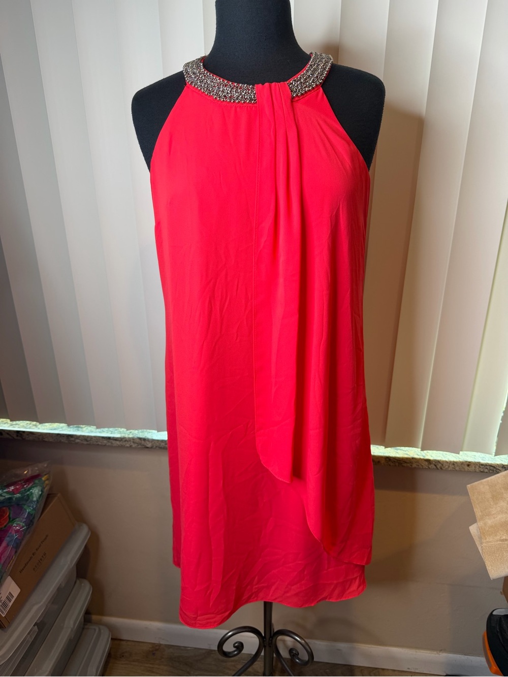 Joseph Ribkoff coral sleeveless dress jeweled neckline draped front sash size 8